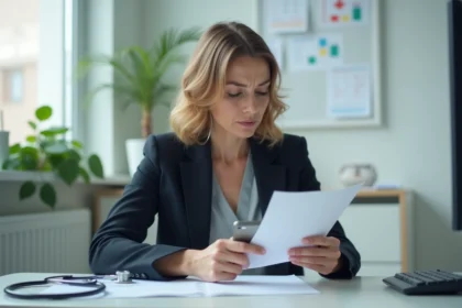 Femme inquiète en salle d'attente de médecin avec document et smartphone