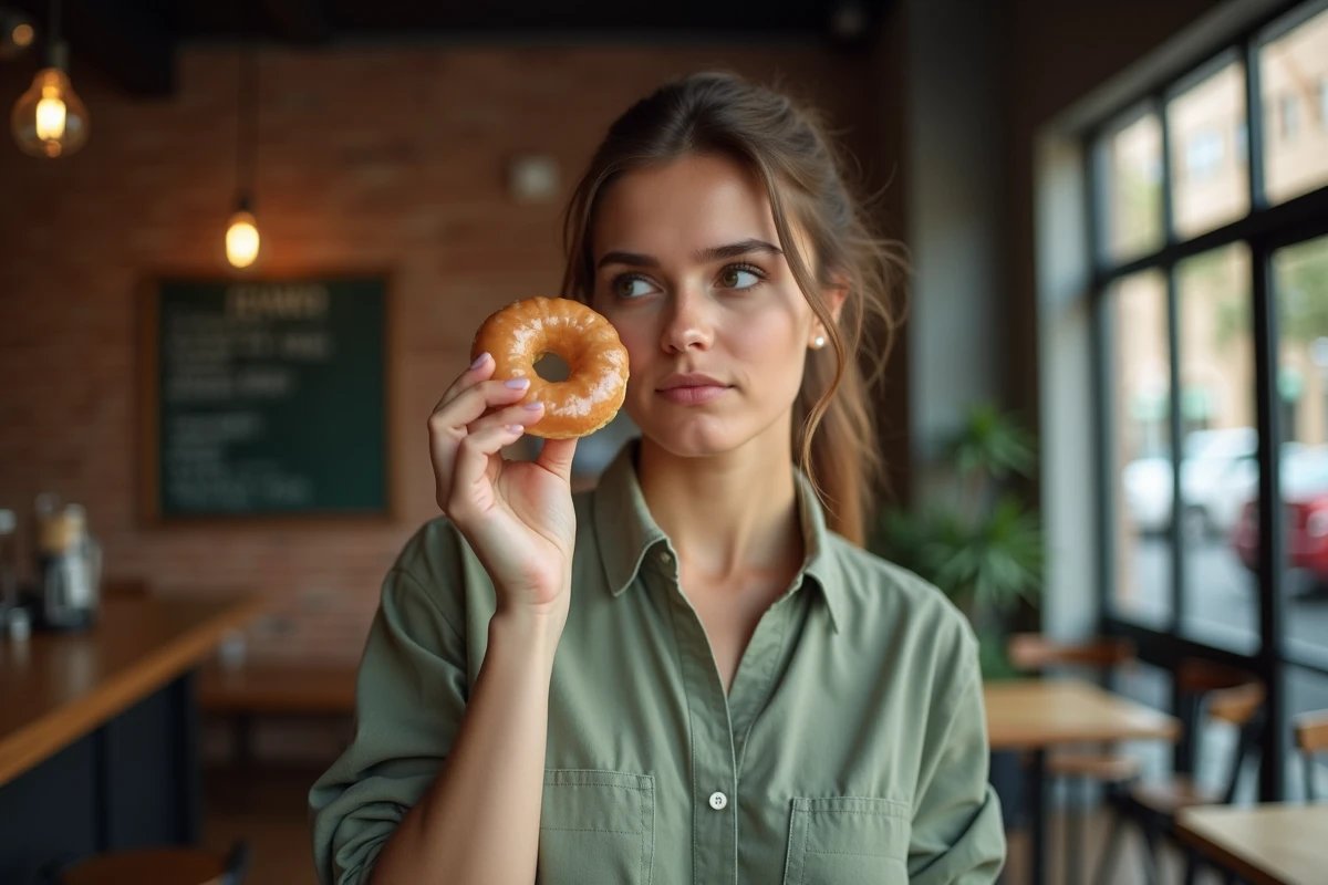 Jeune femme tenant un donut Krispy Kreme dans un café urbain avec une expression interrogative sur la valeur nutritionnelle