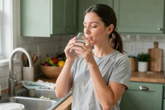 Femme soulageant une brûlure au palais avec un verre d'eau froide dans une cuisine moderne