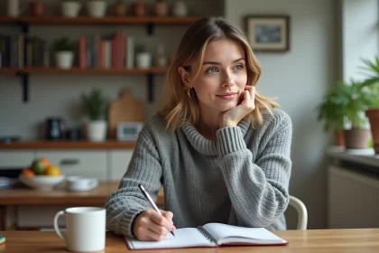 Jeune femme écrivant une liste de parties du corps en français