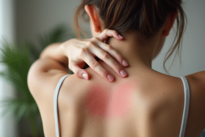 Femme préoccupée touchant son dos avec une éruption cutanée