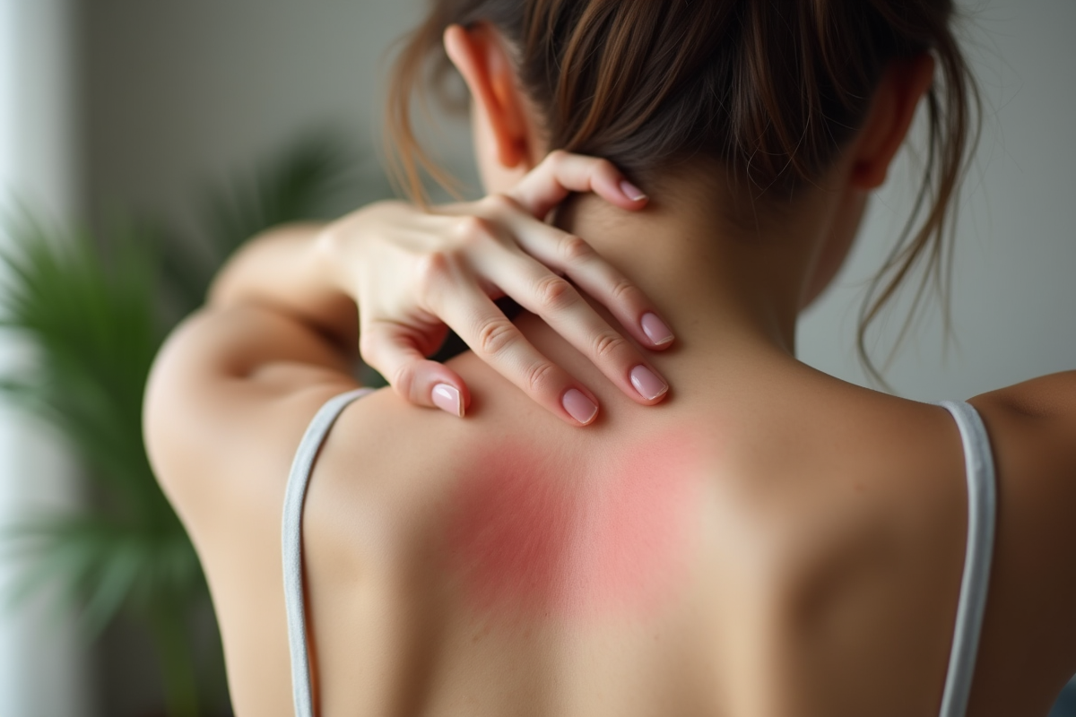 Femme préoccupée touchant son dos avec une éruption cutanée