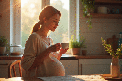 Femme enceinte buvant un café au matin dans la cuisine