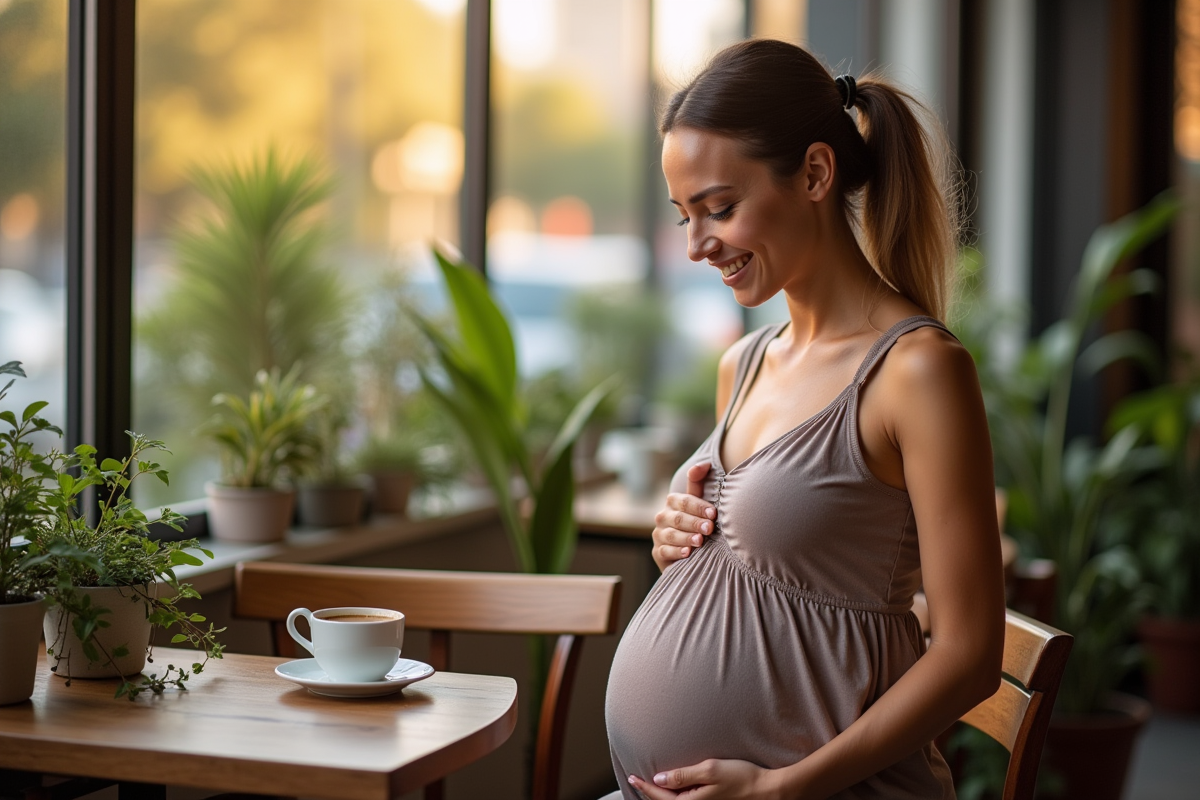 Femme enceinte souriant devant un café en terrasse en ville