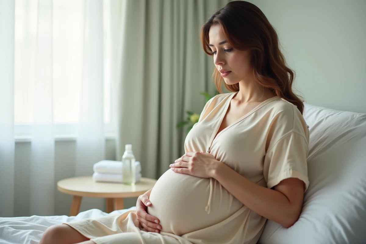 Femme enceinte en fin de grossesse assise sur un lit d'hôpital, main posée sur le ventre, dans une salle de maternité moderne