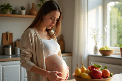 Femme enceinte dans une cuisine chaleureuse examine des fruits frais