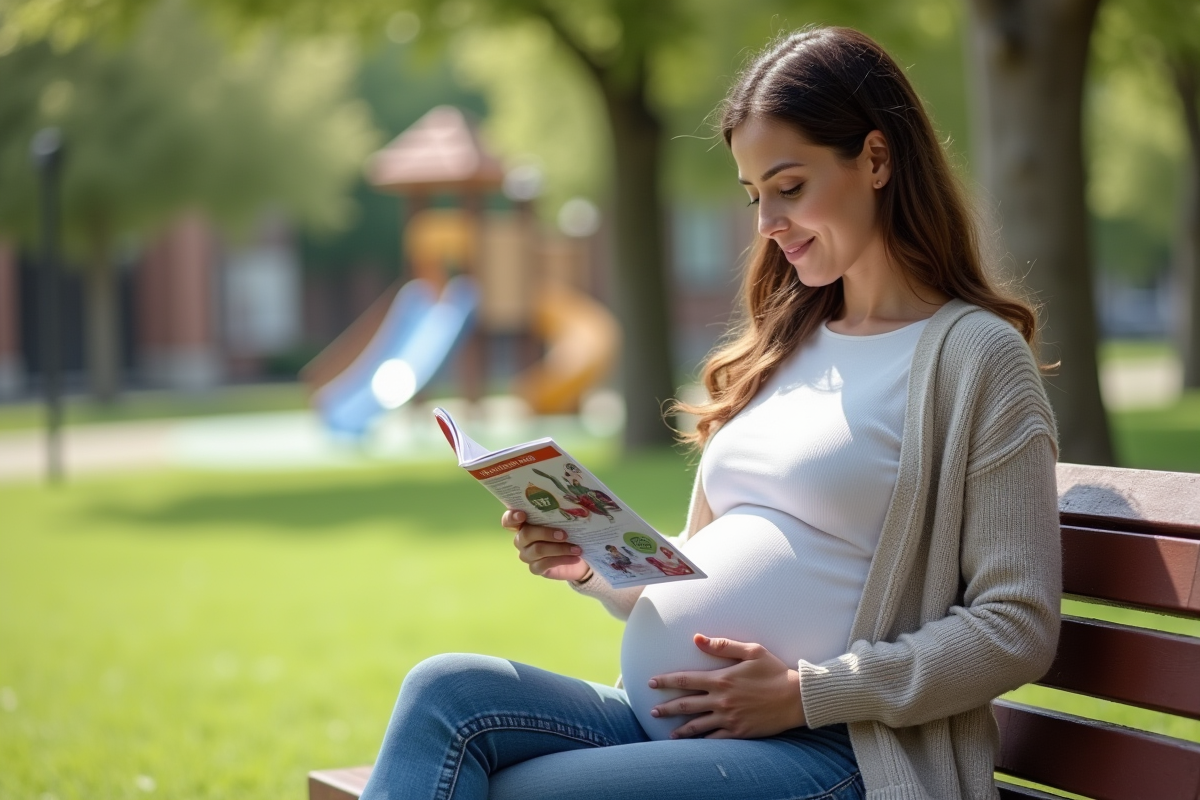 Femme enceinte lisant brochure dans un parc calme