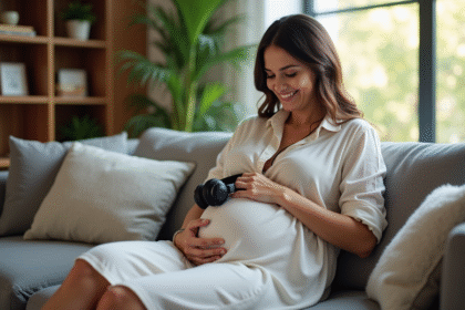 Femme enceinte souriante avec casque sur le ventre dans un salon