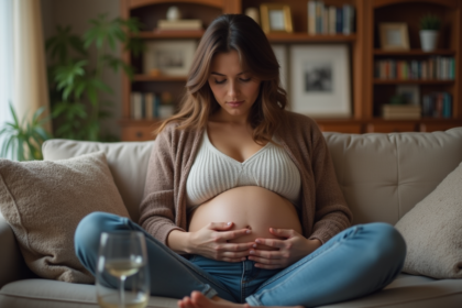 Femme enceinte assise sur un canapé dans un intérieur chaleureux