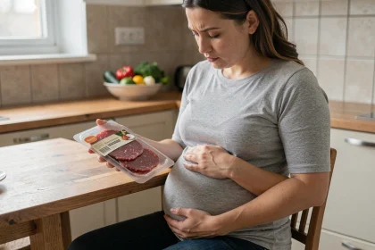 Femme enceinte examinant un paquet de viande des grisons dans une cuisine moderne, inquiète des risques de listériose pendant la grossesse