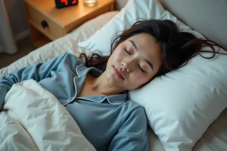 Femme endormie dans un lit confortable avec réveil numérique, illustrant le calcul de la durée du sommeil