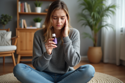 Jeune femme sentant de l'huile essentielle de lavande