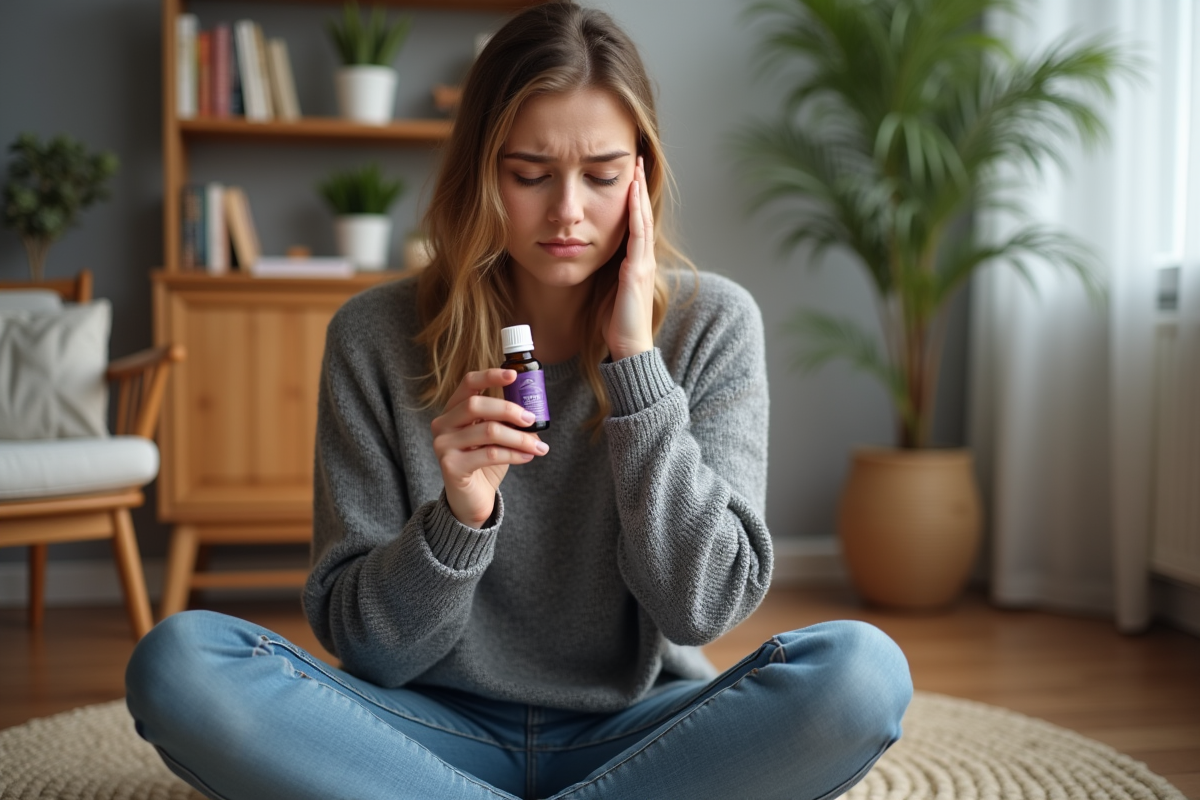 Jeune femme sentant de l'huile essentielle de lavande