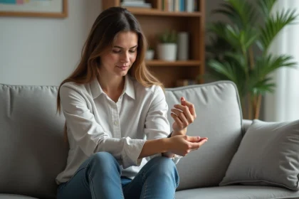 Femme regardant sa peau pour une irritation à la maison