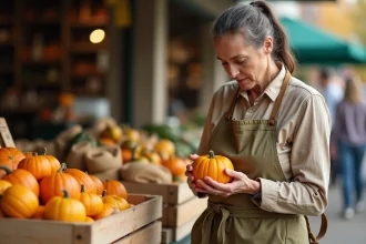 Femme examinant attentivement une coloquinte toxique sur un étal de marché en plein air, gourdes ornementales colorées en arrière-plan
