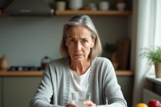 Femme fatiguée tenant un verre d'eau à la cuisine, illustrant les symptômes d'un taux de potassium bas dans le sang