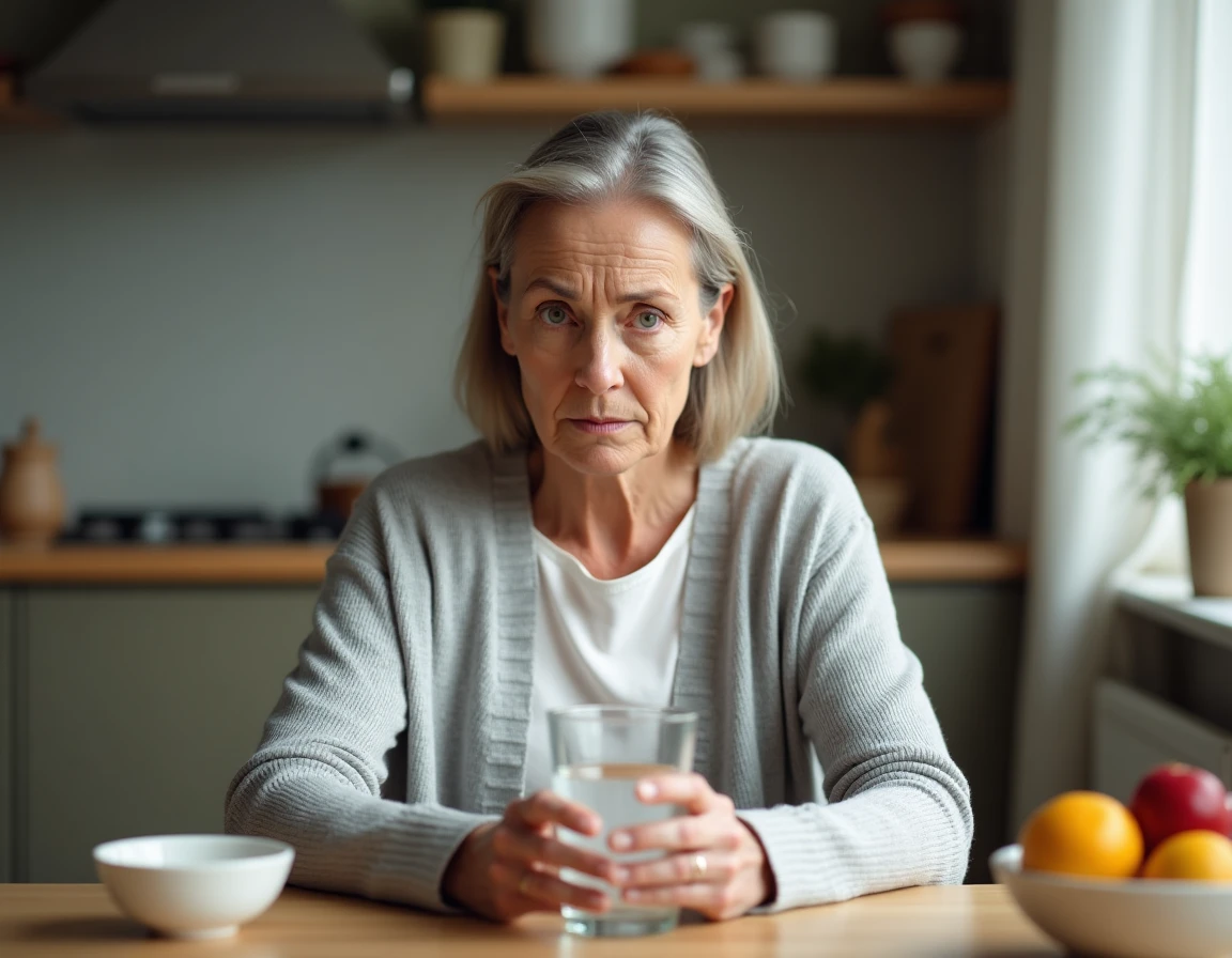 Femme fatiguée tenant un verre d'eau à la cuisine, illustrant les symptômes d'un taux de potassium bas dans le sang