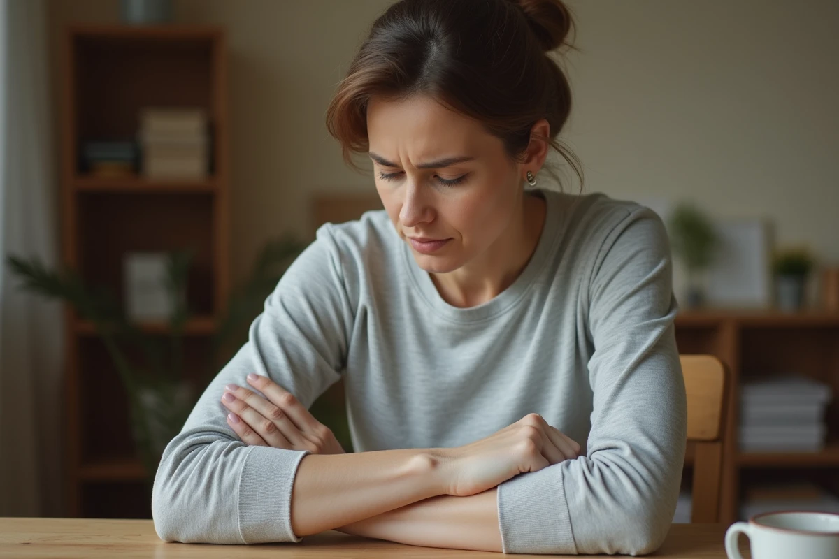 Femme d'âge moyen se frottant le bras avec une expression d'inconfort, illustrant les fourmis dans les bras liées à une neuropathie