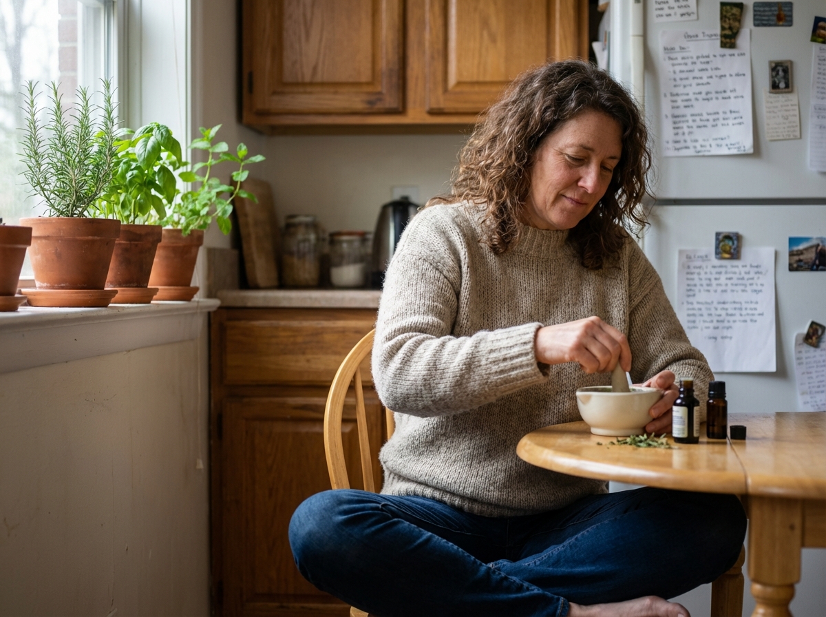 Femme assise en cuisine mélangeant des huiles essentielles