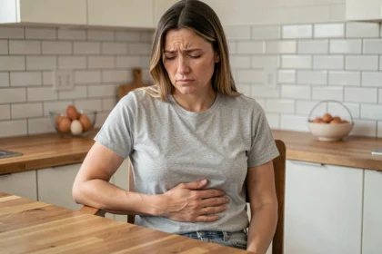 Femme tenant son ventre avec une expression d'inconfort digestif dans une cuisine moderne, illustrant les symptômes de rots à odeur d'œufs pourris