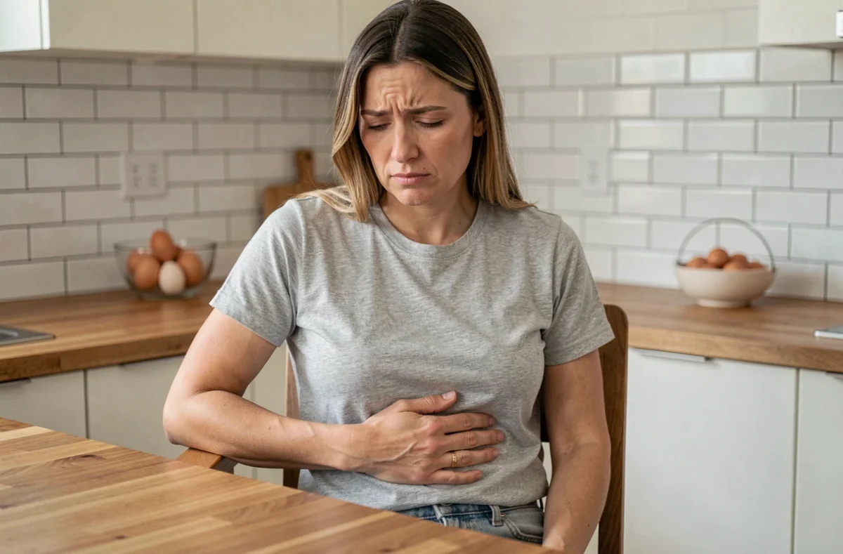Femme tenant son ventre avec une expression d'inconfort digestif dans une cuisine moderne, illustrant les symptômes de rots à odeur d'œufs pourris