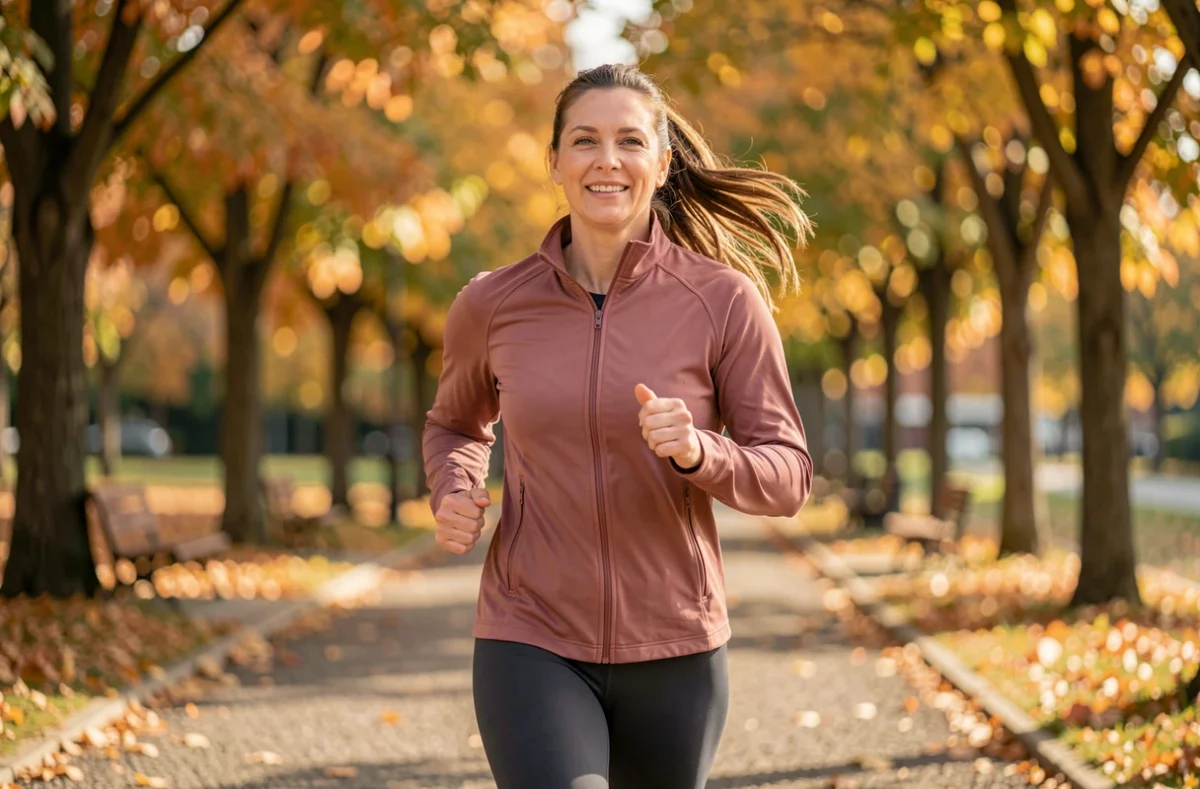 Femme de 38 ans courant dans un parc en automne avec énergie retrouvée, illustration des bénéfices de Supercalm Cortisol après 30 jours
