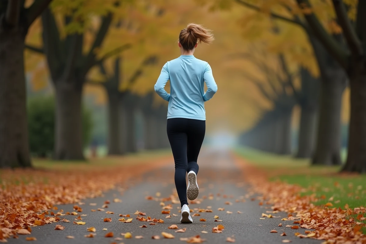 Femme faisant du jogging dans un parc en automne, symbolisant l'activité physique régulière comme clé de la perte de poids durable