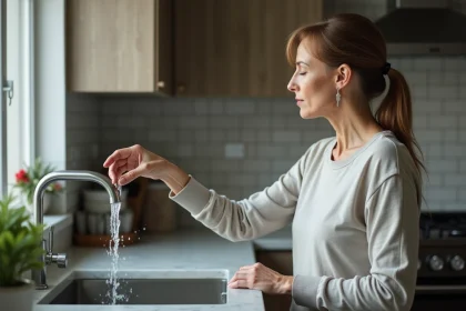 Femme d'âge moyen lavant sa main sous un robinet de cuisine