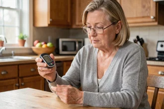 Femme lisant l'affichage d'un glucomètre à domicile pour convertir mmol/L en g/L