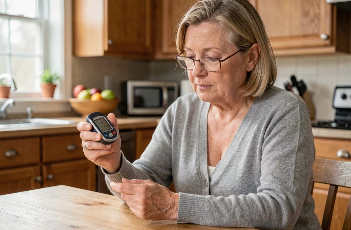 Femme lisant l'affichage d'un glucomètre à domicile pour convertir mmol/L en g/L