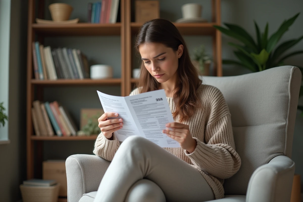 Jeune femme lisant un pamphlet médical à la maison