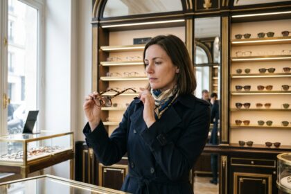 Femme élégante examinant des lunettes de luxe dans une boutique parisienne