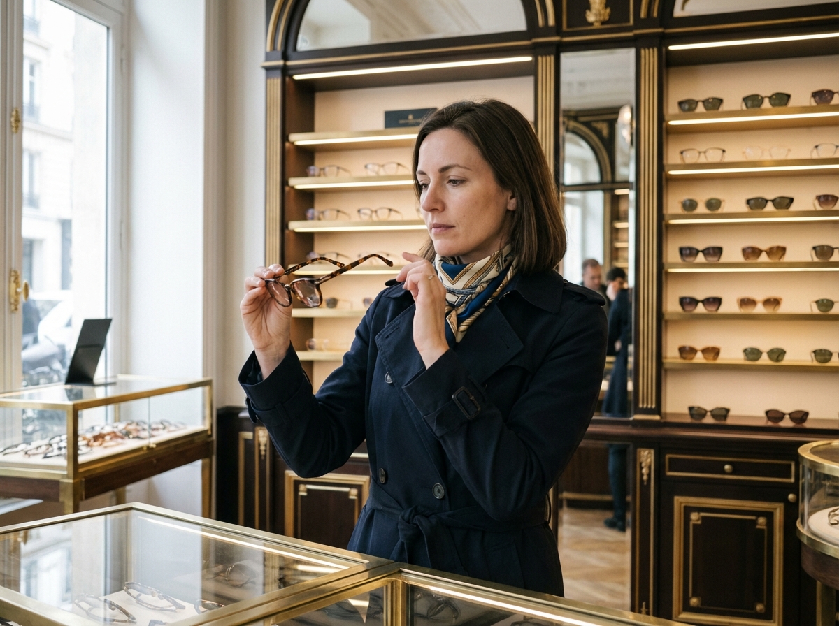 Femme élégante examinant des lunettes de luxe dans une boutique parisienne