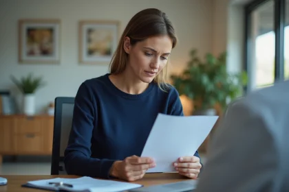 Femme inquiète tenant un rapport médical dans un bureau moderne