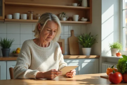Femme méditant en cuisine avec aliments frais