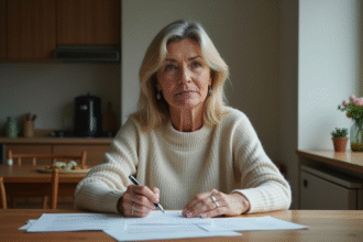 Femme d'âge moyen avec papiers dans une cuisine modeste