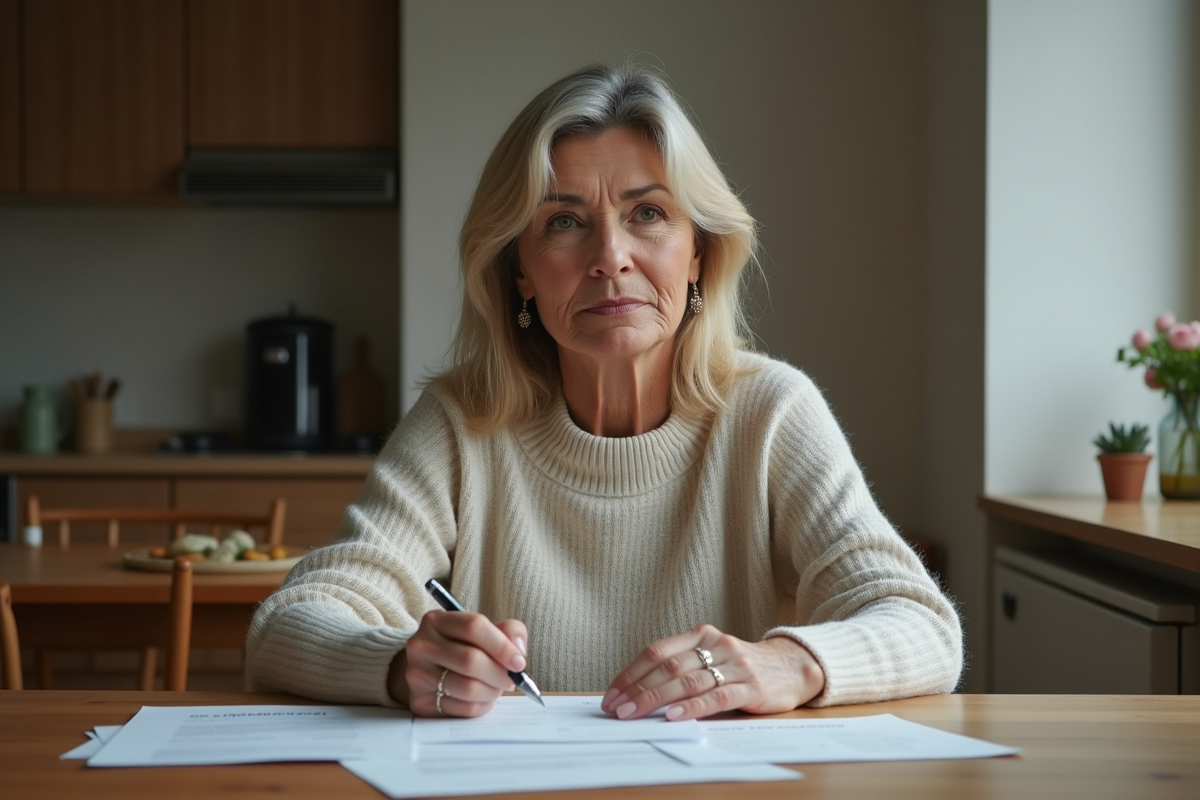 Femme d'âge moyen avec papiers dans une cuisine modeste