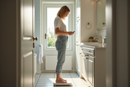 Femme d'âge moyen se pesant dans un bain lumineux