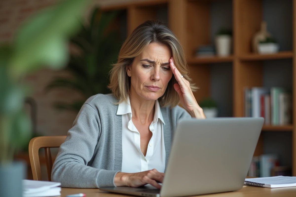 Femme résolvant un problème de connexion sur son ordinateur portable dans un bureau à domicile