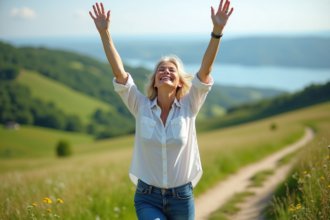 Femme en randonnée dans un paysage verdoyant et paisible