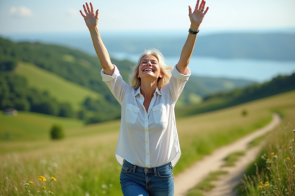 Femme en randonnée dans un paysage verdoyant et paisible