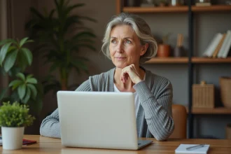 Femme d'âge mûr consultant des informations médicales sur un ordinateur portable, représentant la recherche en ligne sur les symptômes du cancer de la langue