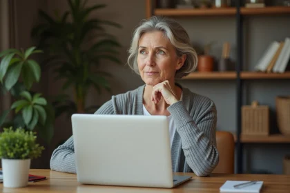 Femme d'âge mûr consultant des informations médicales sur un ordinateur portable, représentant la recherche en ligne sur les symptômes du cancer de la langue