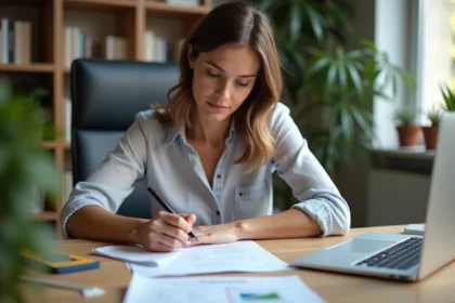 Femme remplissant une demande de Carte Vitale à son bureau