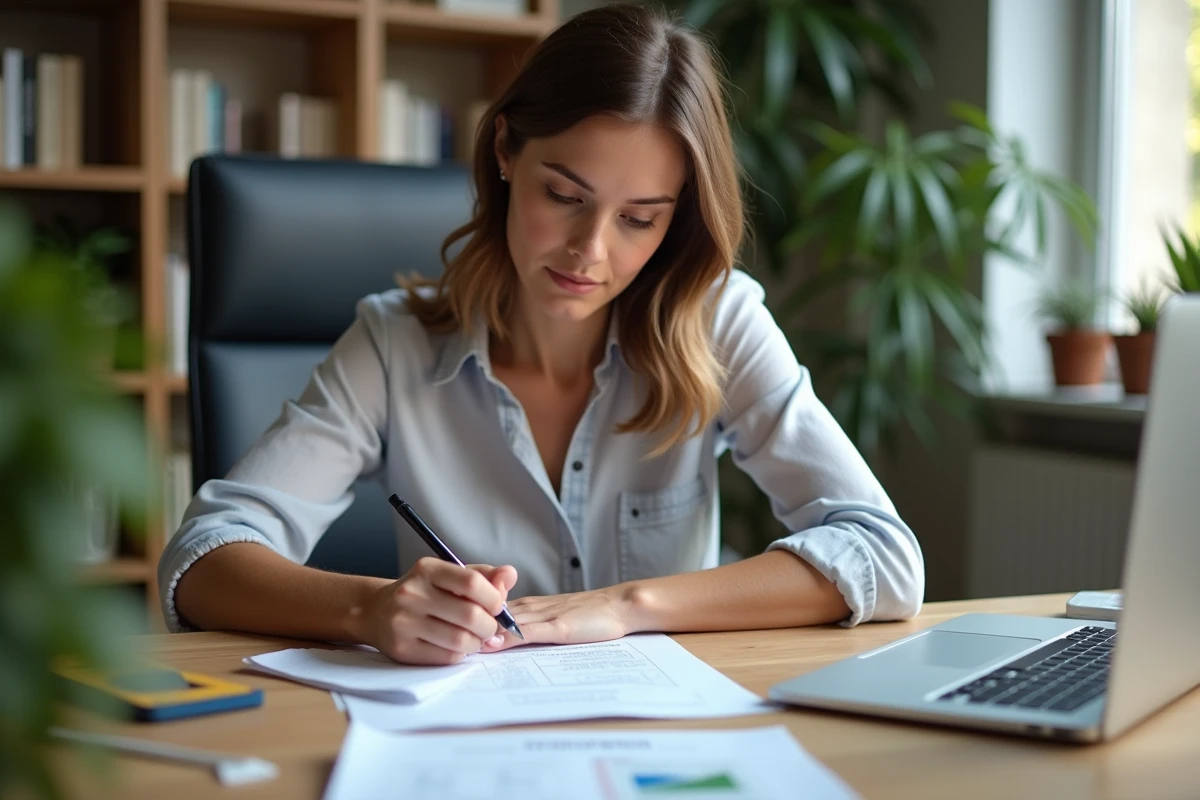 Femme remplissant une demande de Carte Vitale à son bureau