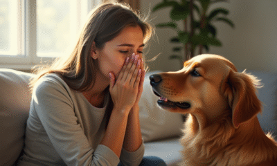 Jeune femme éternuant avec un chien dans un salon lumineux