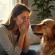 Jeune femme éternuant avec un chien dans un salon lumineux