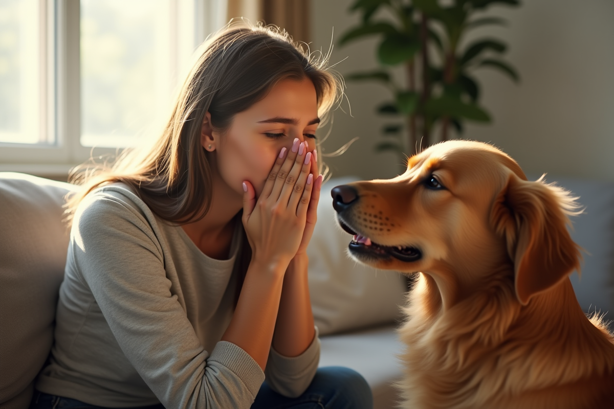 Jeune femme éternuant avec un chien dans un salon lumineux