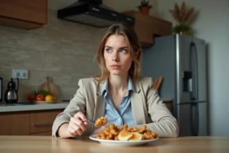 Femme pensive devant un plat de fast food à la maison