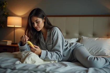 Femme en pyjamas gris peeland une banane dans un lit moderne